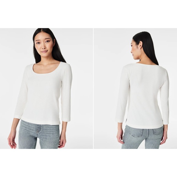 SPANX Tops - Spanx Top Stretch Rib Ribbed Powder Shirt Medium M L/S Square Fitted Minimalist